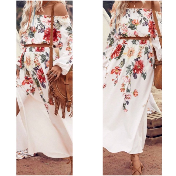 Boho Floral Printed Off Shoulder Crop Top Split Thigh Maxi Skirt Set - Picture 2 of 6